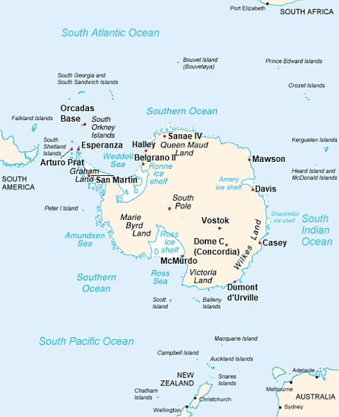 Mapa con ciudades - Antártida