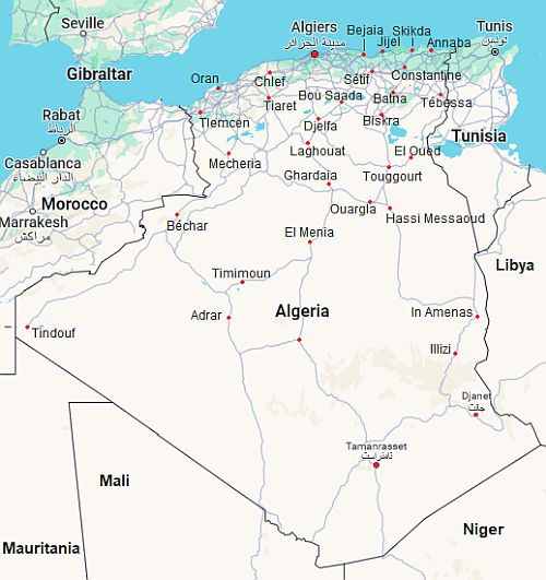 Mapa con ciudades - Argelia