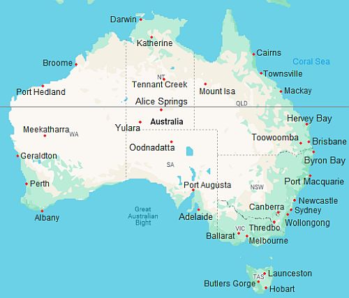 Mapa con ciudades - Australia