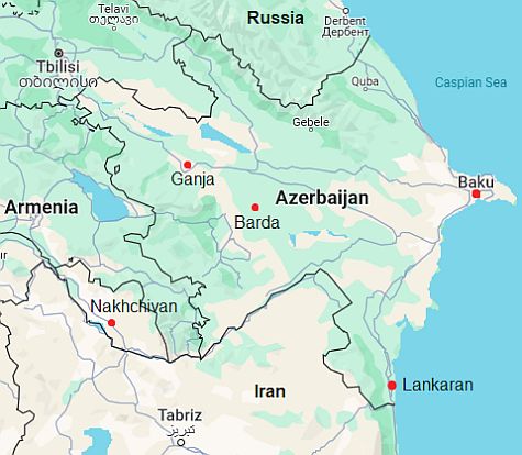 Mapa con ciudades - Azerbaiyán