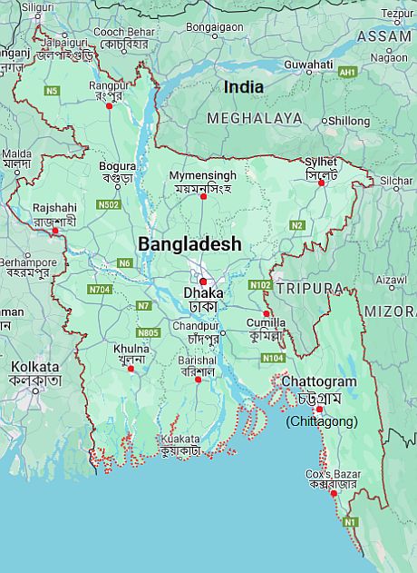 Mapa con ciudades - Bangladés