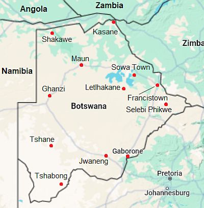 Mapa con ciudades - Botsuana