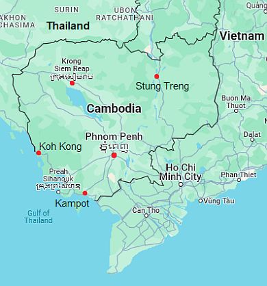 Mapa con ciudades - Camboya