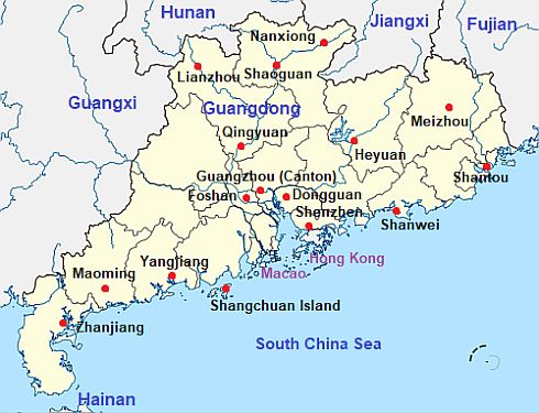 Mapa con ciudades - Guangdong