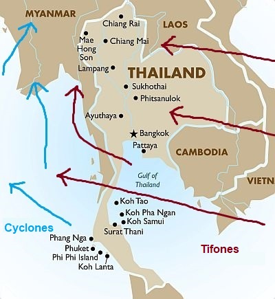 Trayectorias de ciclones y tifones en Tailandia