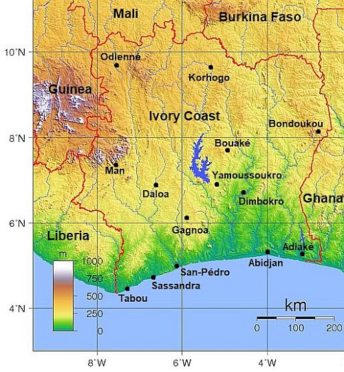 Mapa con ciudades - Costa De Marfil
