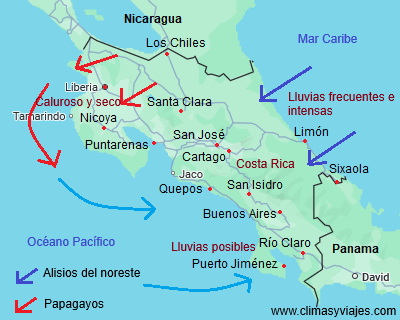 Patrón de viento y lluvia en Costa Rica de diciembre a abril Mapa que muestra el patrón de viento y lluvia en Costa Rica de diciembre a abril