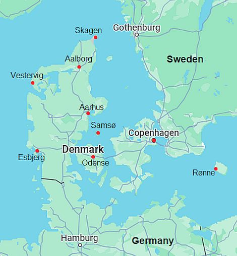 Mapa con ciudades - Dinamarca