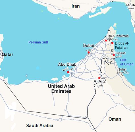 Mapa con ciudades - Emiratos Árabes Unidos