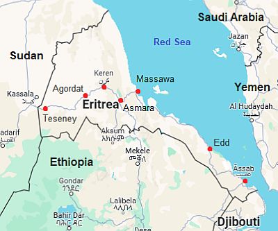 Mapa con ciudades - Eritrea