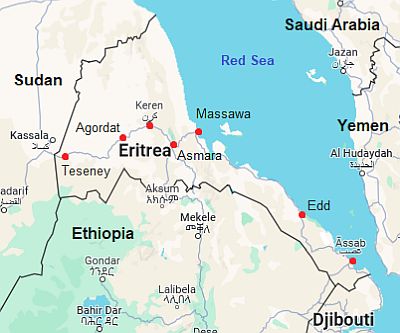 Mapa con ciudades - Eritrea