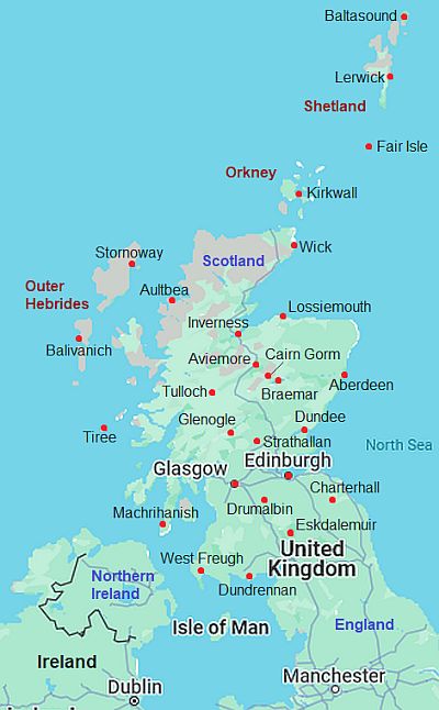 Mapa con ciudades - Escocia
