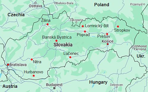 Mapa con ciudades - Eslovaquia
