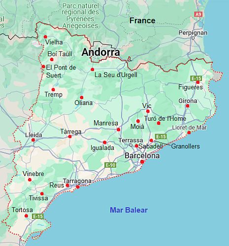 Mapa con ciudades - Cataluña