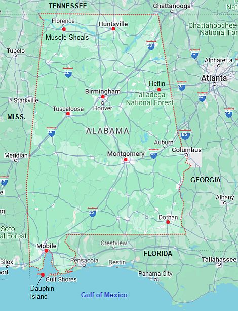 Mapa con ciudades - Alabama