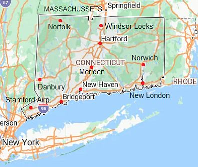 Mapa con ciudades - Connecticut