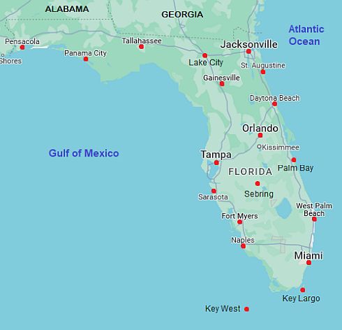 Mapa con ciudades - Florida