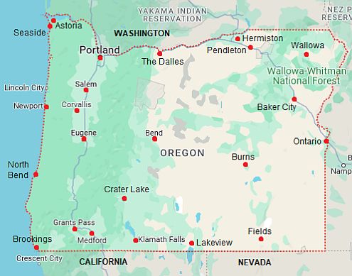 Mapa con ciudades - Oregón