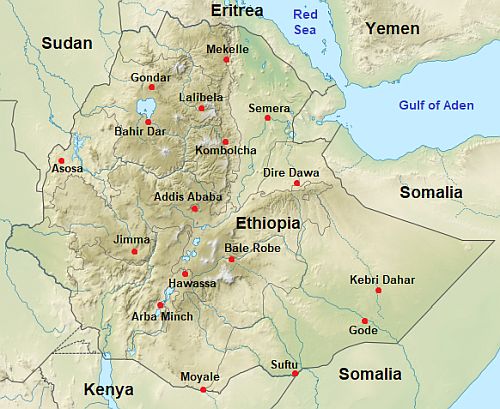Mapa con ciudades - Etiopía