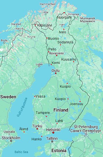 Mapa con ciudades - Finlandia