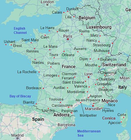 Mapa con ciudades - Francia