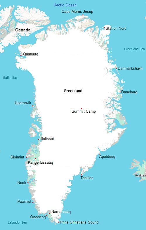Mapa con ciudades - Groenlandia