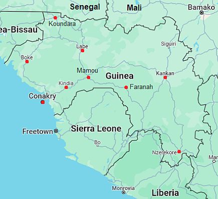 Mapa con ciudades - Guinea