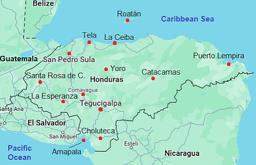 Mapa con ciudades - Honduras