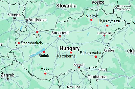 Mapa con ciudades - Hungría