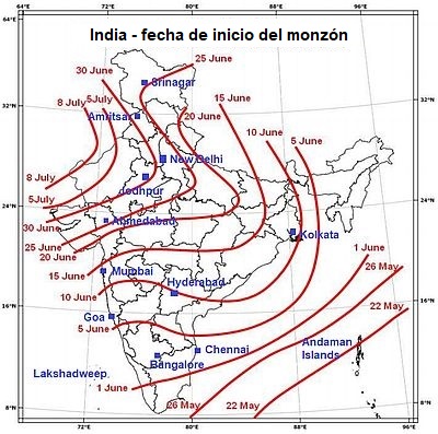 Fechas habituales del inicio del monzón del suroeste en India