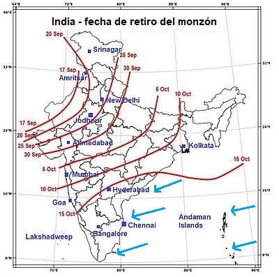 Fechas habituales del retiro del monzón del suroeste en India