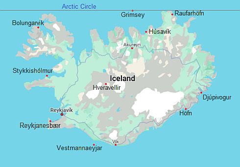 Mapa con ciudades - Islandia