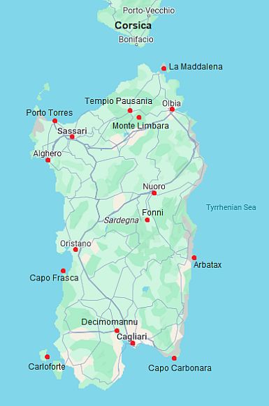 Mapa con ciudades - Cerdeña