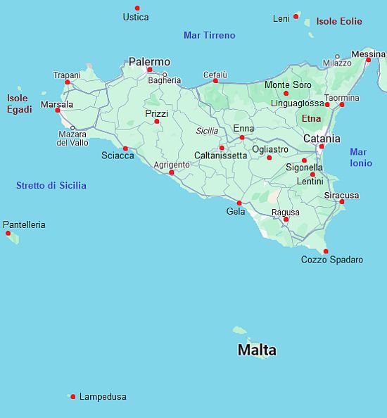 Mapa con ciudades - Sicilia