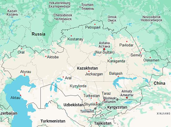 Mapa con ciudades - Kazajistán