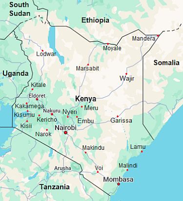 Mapa con ciudades - Kenia