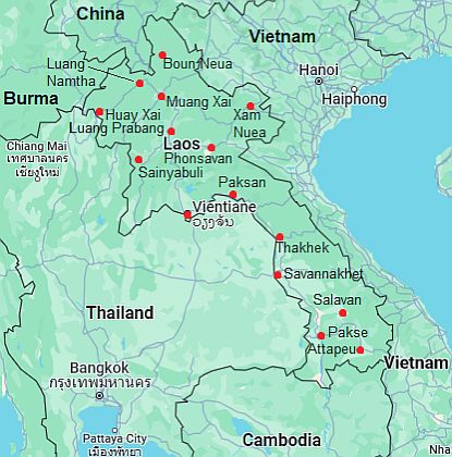 Mapa con ciudades - Laos