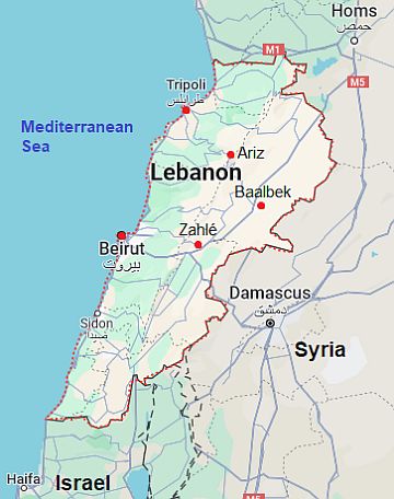 Mapa con ciudades - Libano