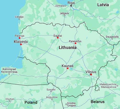 Mapa con ciudades - Lituania