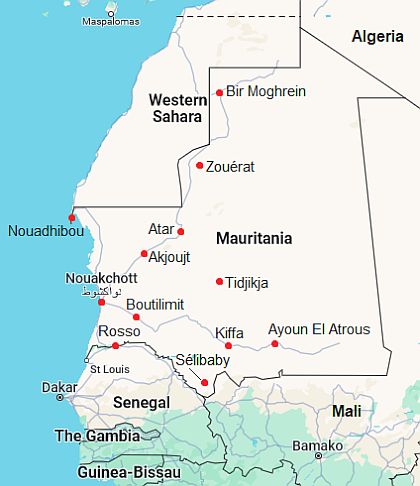 Mapa con ciudades - Mauritania