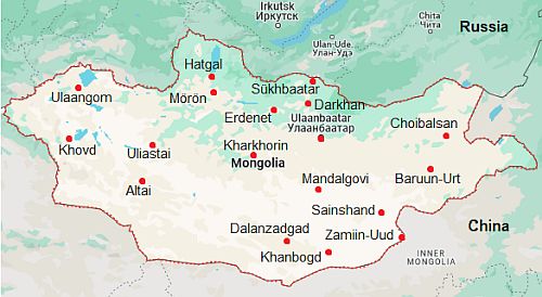 Mapa con ciudades - Mongolia