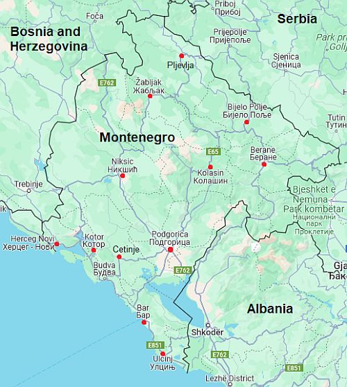 Mapa con ciudades - Montenegro