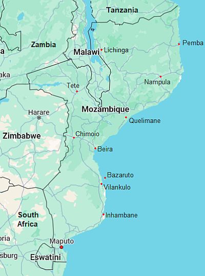 Mapa con ciudades - Mozambique
