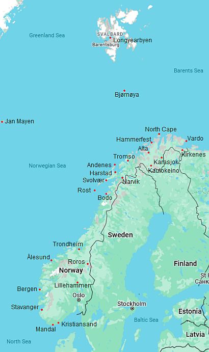 Mapa con ciudades - Noruega