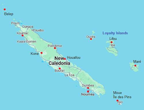Mapa con ciudades - Nueva Caledonia