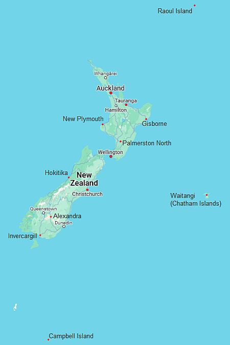 Mapa con ciudades - Nueva Zelanda