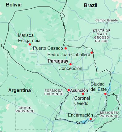 Mapa con ciudades - Paraguay