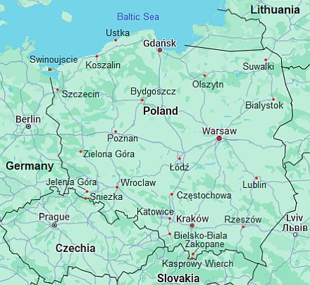 Mapa con ciudades - Polonia