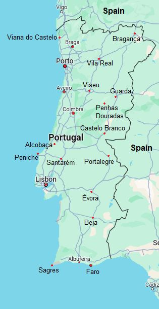Mapa con ciudades - Portugal