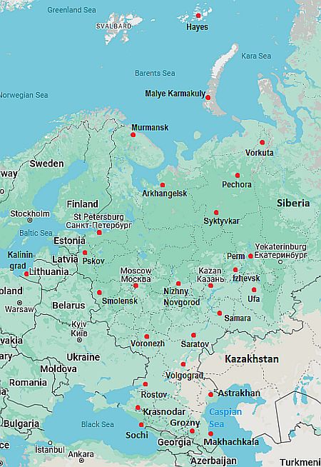 Mapa con ciudades - Rusia Europea